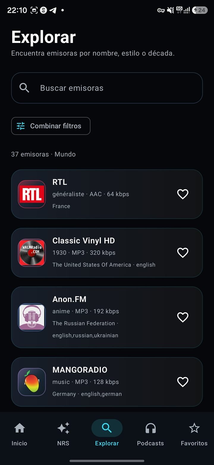 Neo Radio Station Explore screen with search and station list