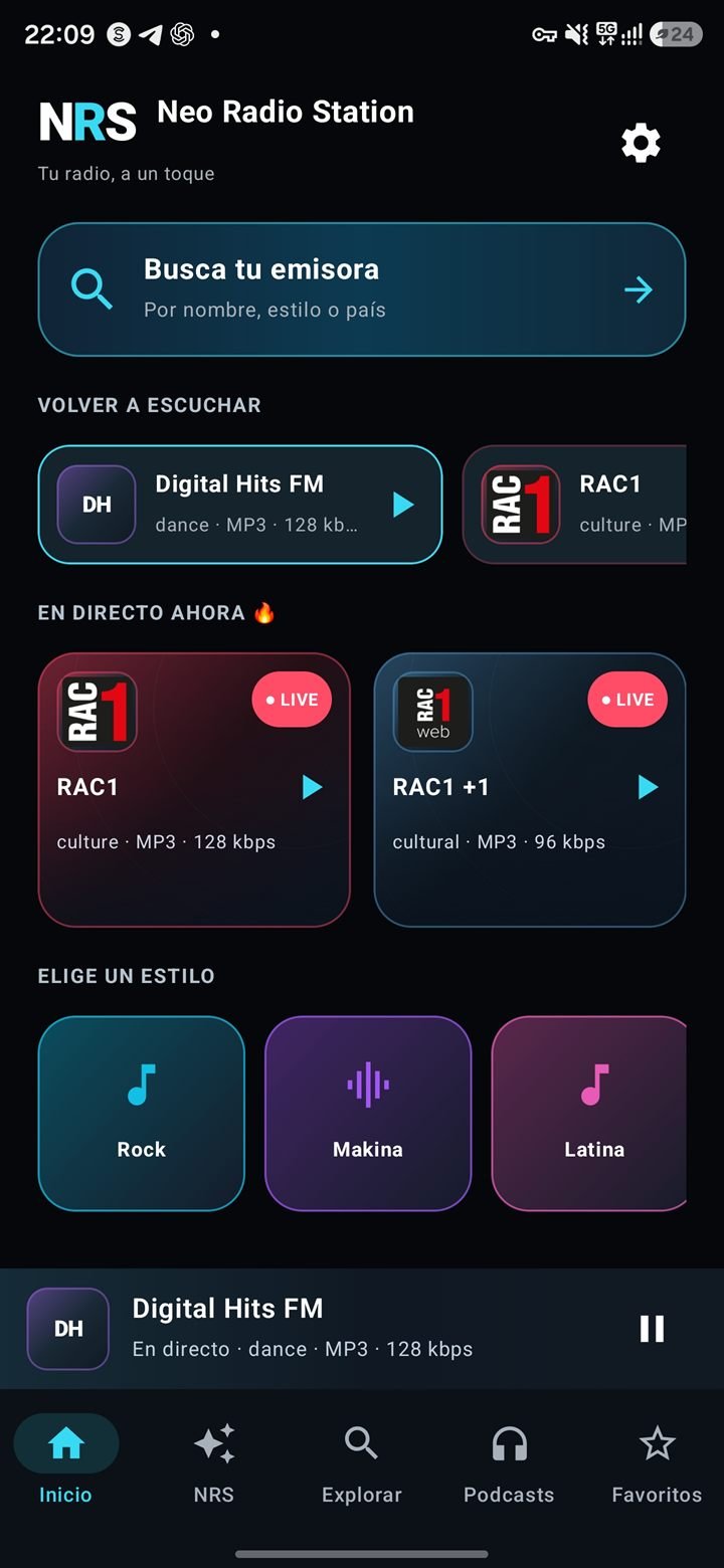 Actual screenshot of the Neo Radio Station home screen