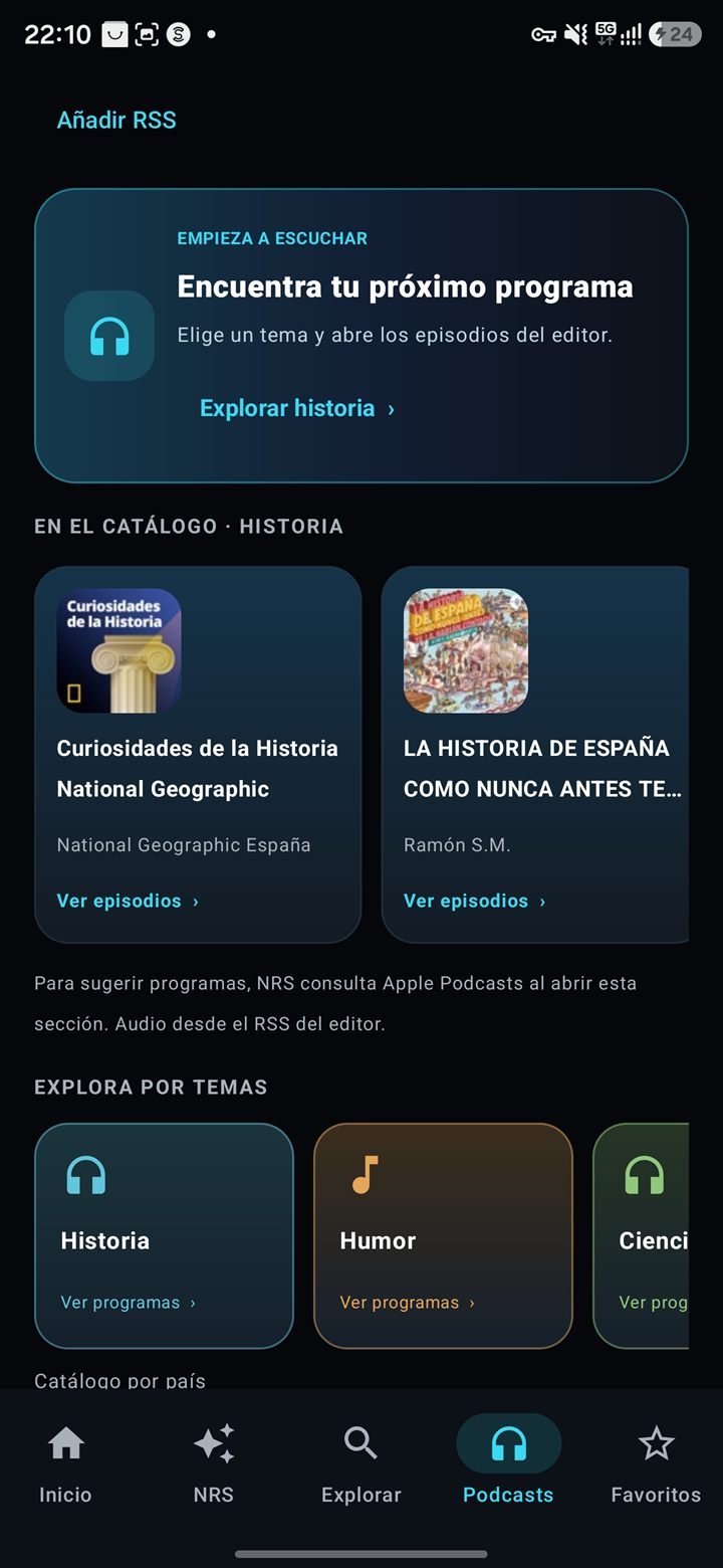 Neo Radio Station podcasts screen with catalog and topics