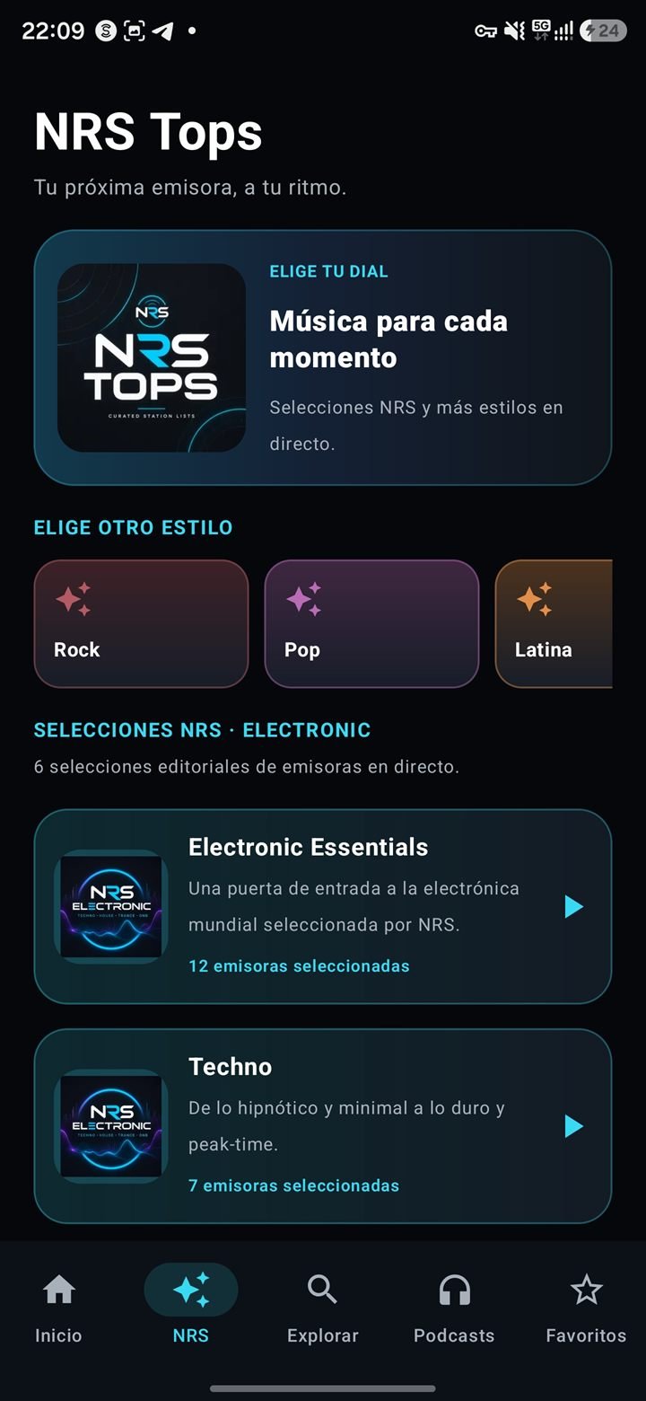 Neo Radio Station NRS Tops screen with editorial selections by style