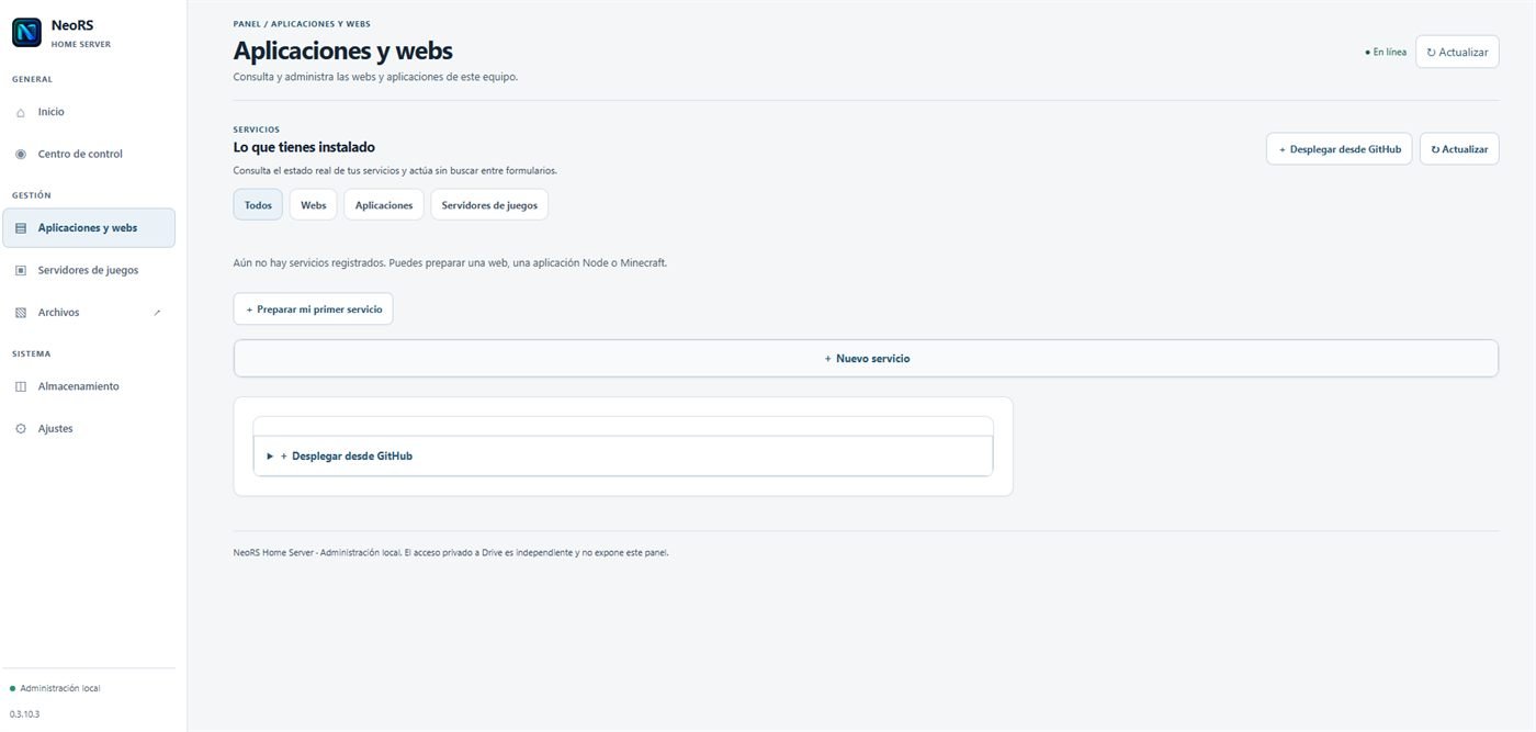 NRS Home Server apps and websites screen